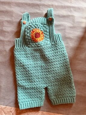 Handmade Turqouide Crochet Baby Romper with Sunflower Accent